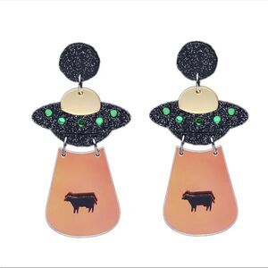 Quirky UFO Acrylic Earrings Black Sparkle